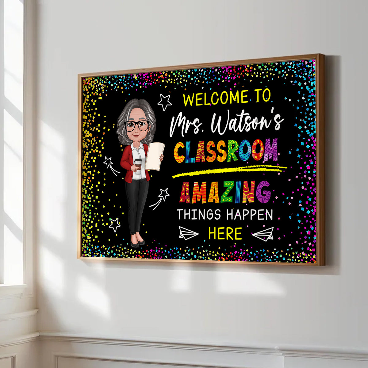 Classroom Amazing Things Happen Here Personalized Motivational Poster, Teacher Classroom Decor
