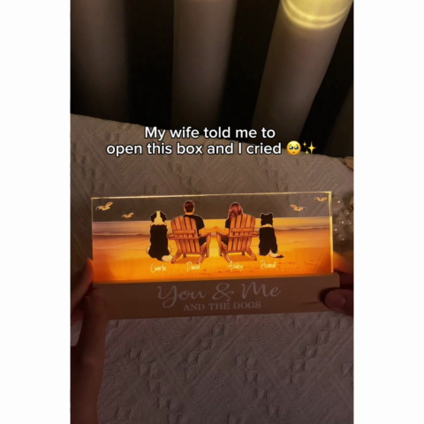 You Me And The Dogs Cats Couple Realistic Beach Landscape Personalized Acrylic Block LED Night Light