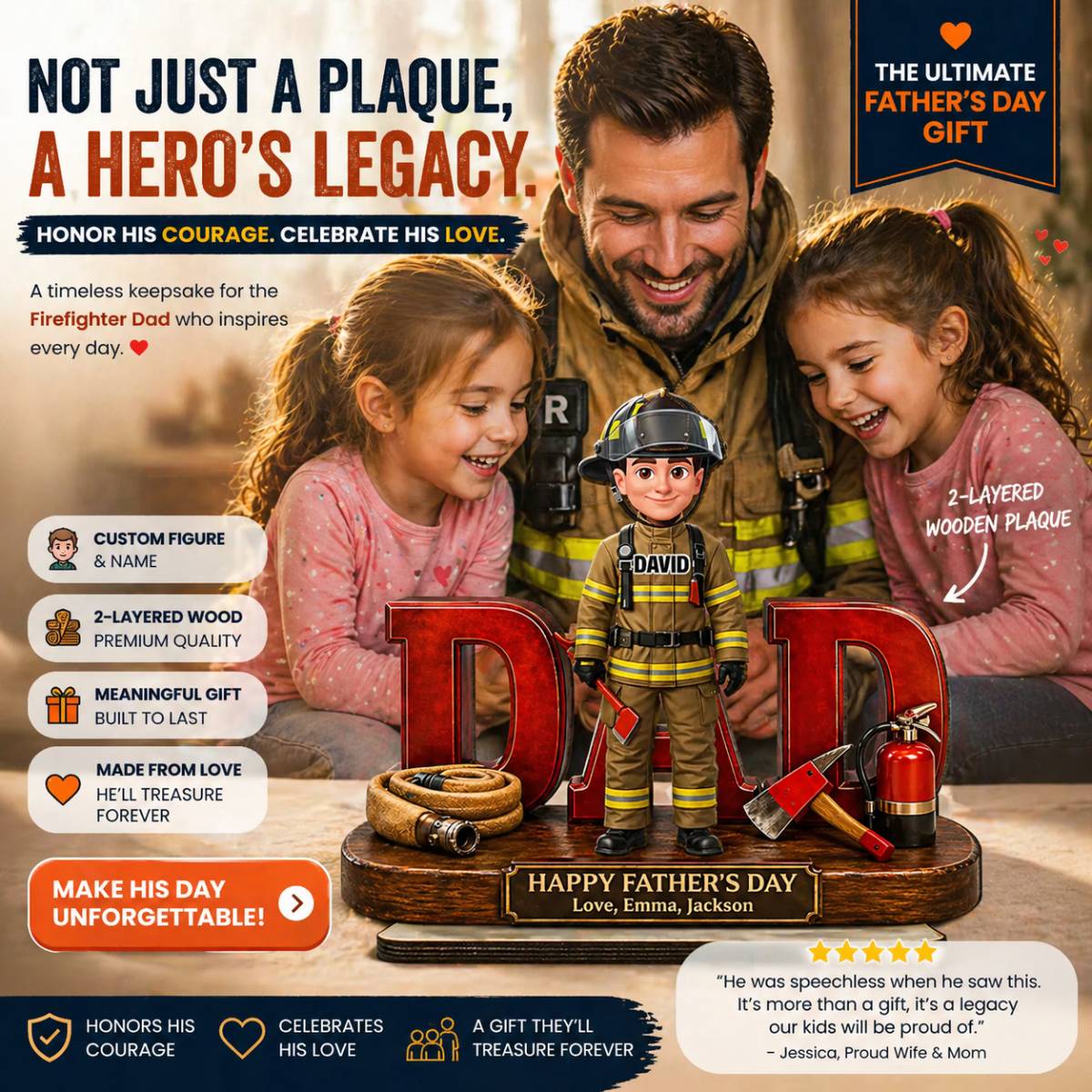 Proud American Firefighter Dad - Personalized 2-Layered Wooden Plaque - Father's Day Gift For Dad