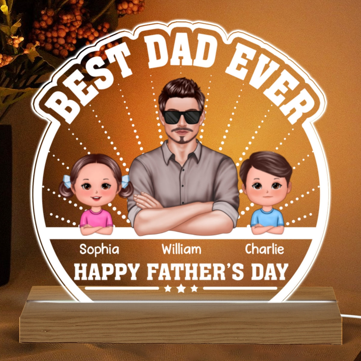 Best Dad Ever Crossed Hands Man Kids Dog Cat Personalized Custom Shaped Acrylic Plaque With Warm LED Night Light