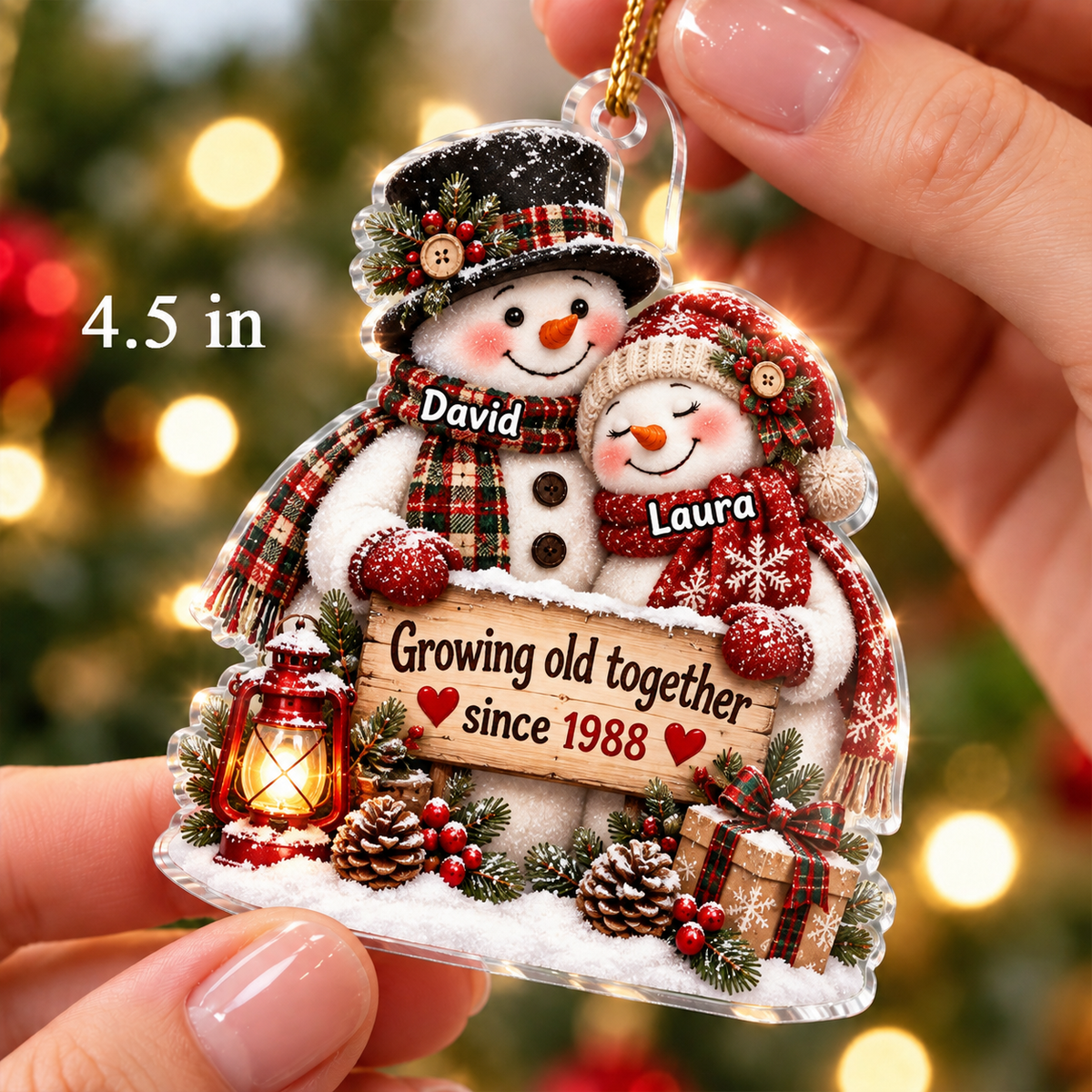 Snowman Couple Hugging Growing Old Together - Personalized Acrylic Ornament - Heartfelt Christmas Gift for Her, for Him