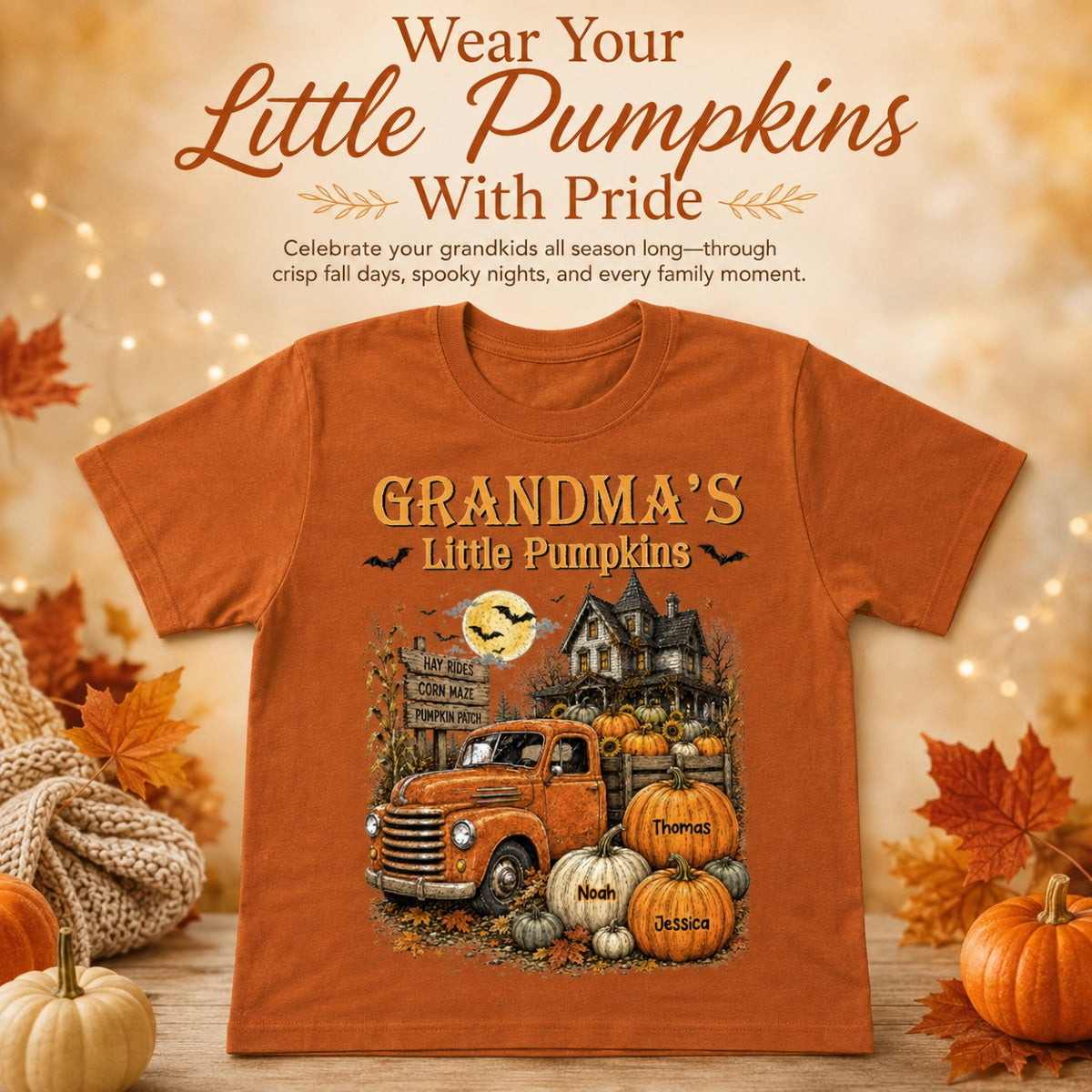 Retro Vintage Farmhouse Halloween Town Style Grandma's Little Pumpkins Truck - Personalized Shirt - Halloween Gift For Grandma
