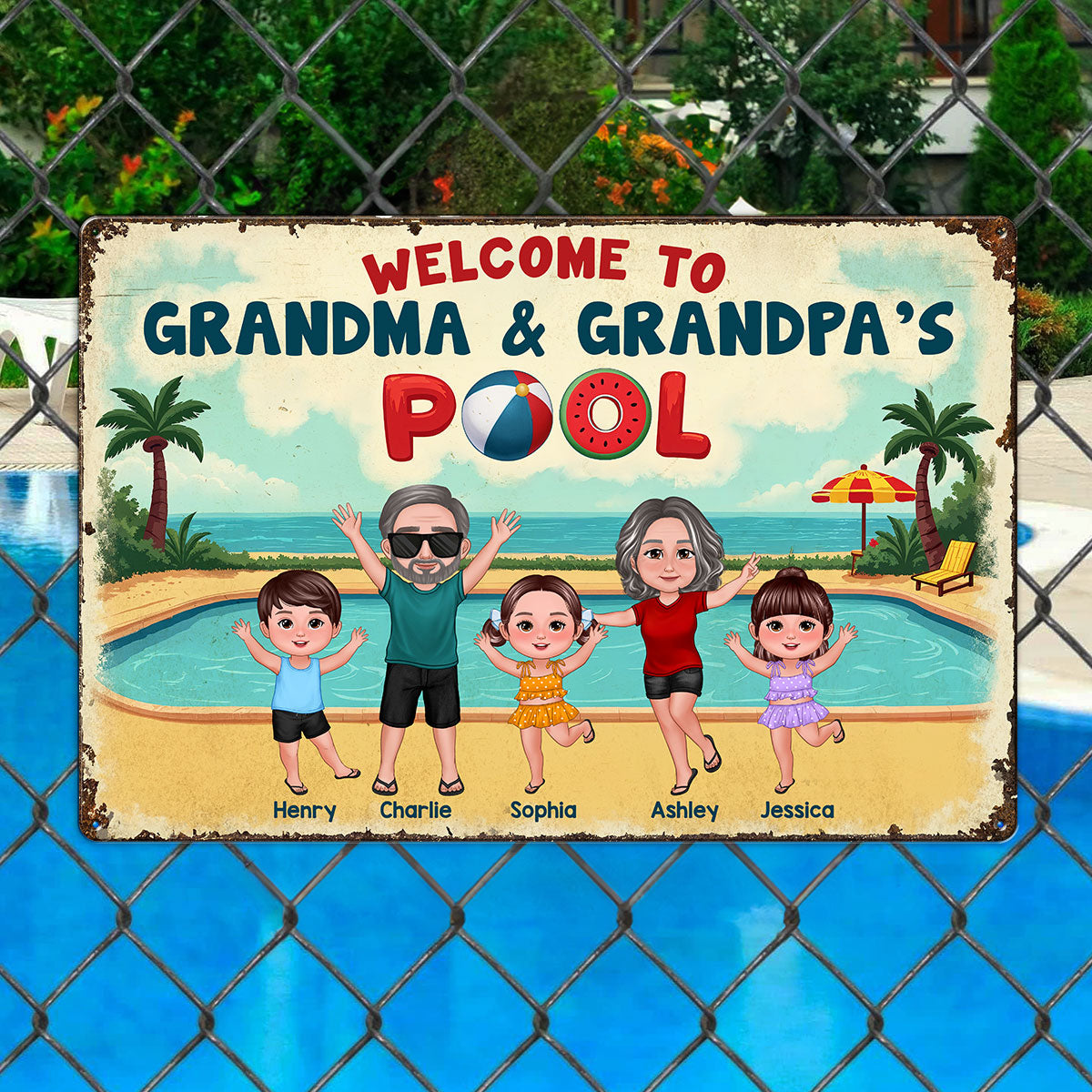 Summer Vibe Welcome To Grandpa Grandma Grandparents Pool Personalized Metal Sign