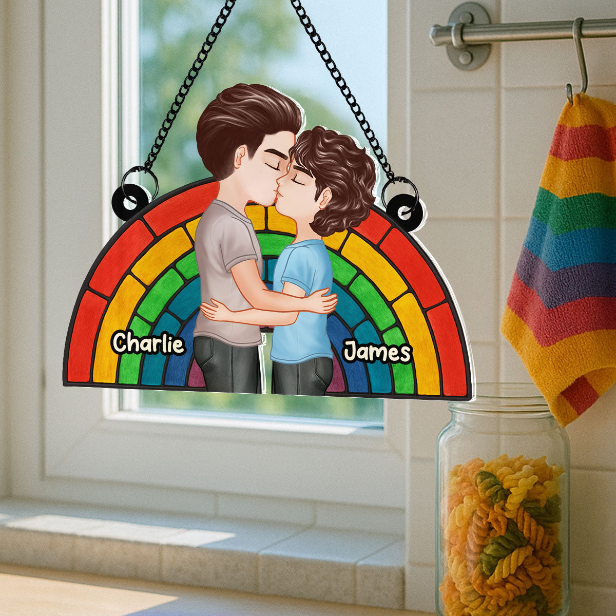 LGBT Flag Rainbow Couple Kissing Personalized Suncatcher
