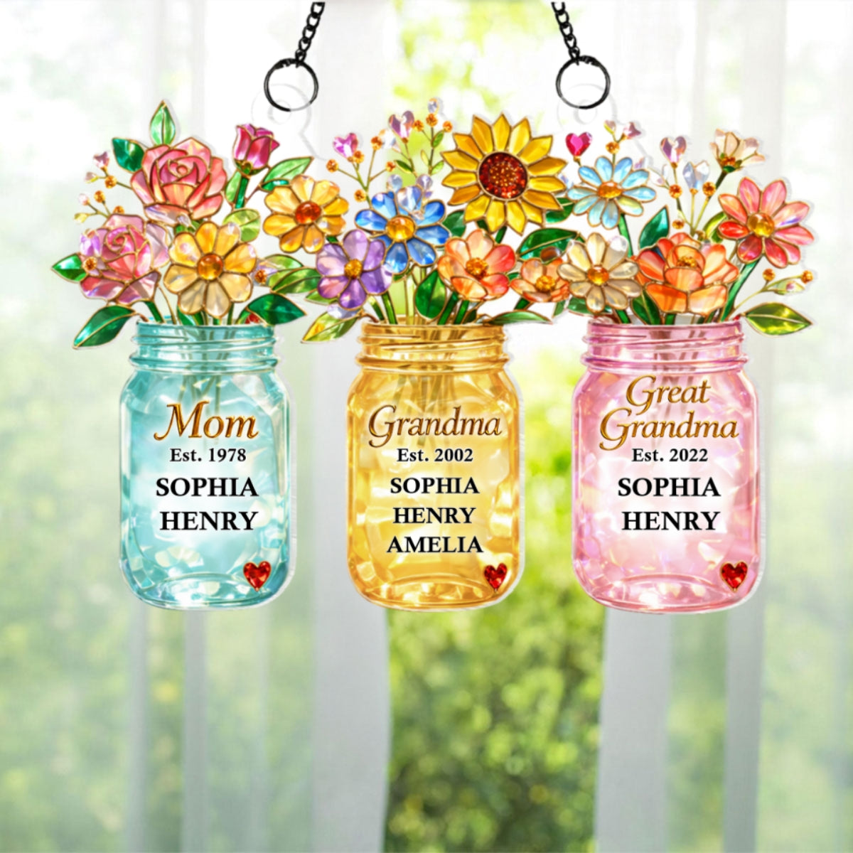 Mom Grandma Greatgrandma Flower - Personalized Acrylic Window Hanging - Heartfelt Gift for Mom, Grandma