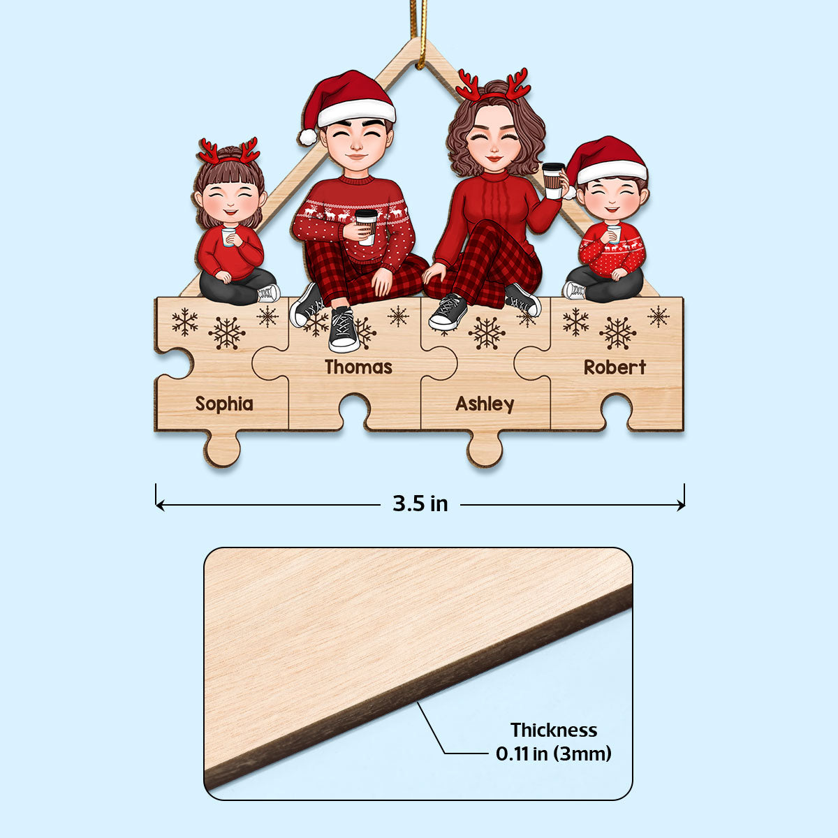 Cute Family Sitting On Puzzle Pieces Christmas Gifts Personalized Wooden Ornament