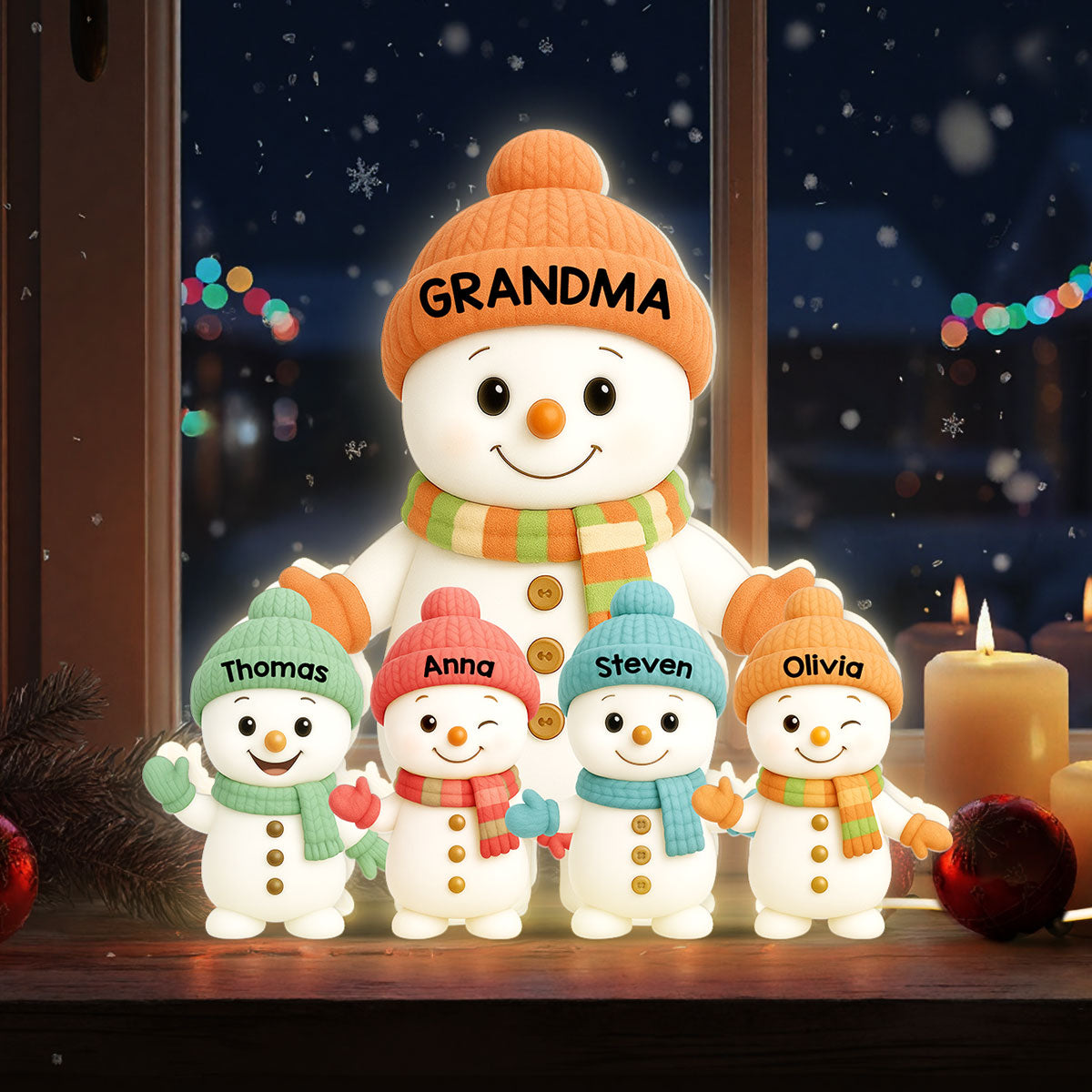 Pastel Color Christmas Grandma Grandkids Snowman Together - Personalized Light Box