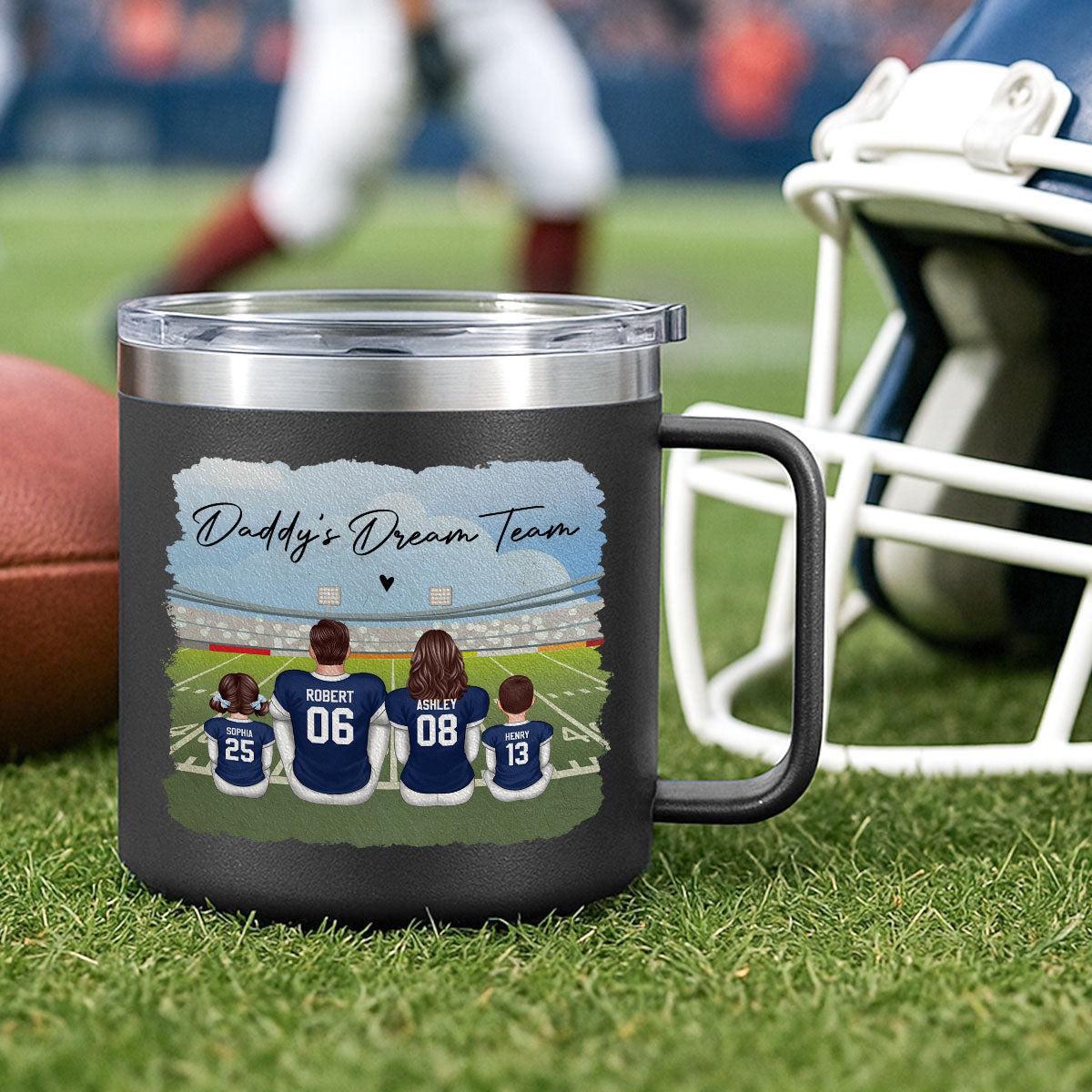 Football Daddy's Dream Team Personalized Stainless Steel Tumbler With Handle, Gift For Dad
