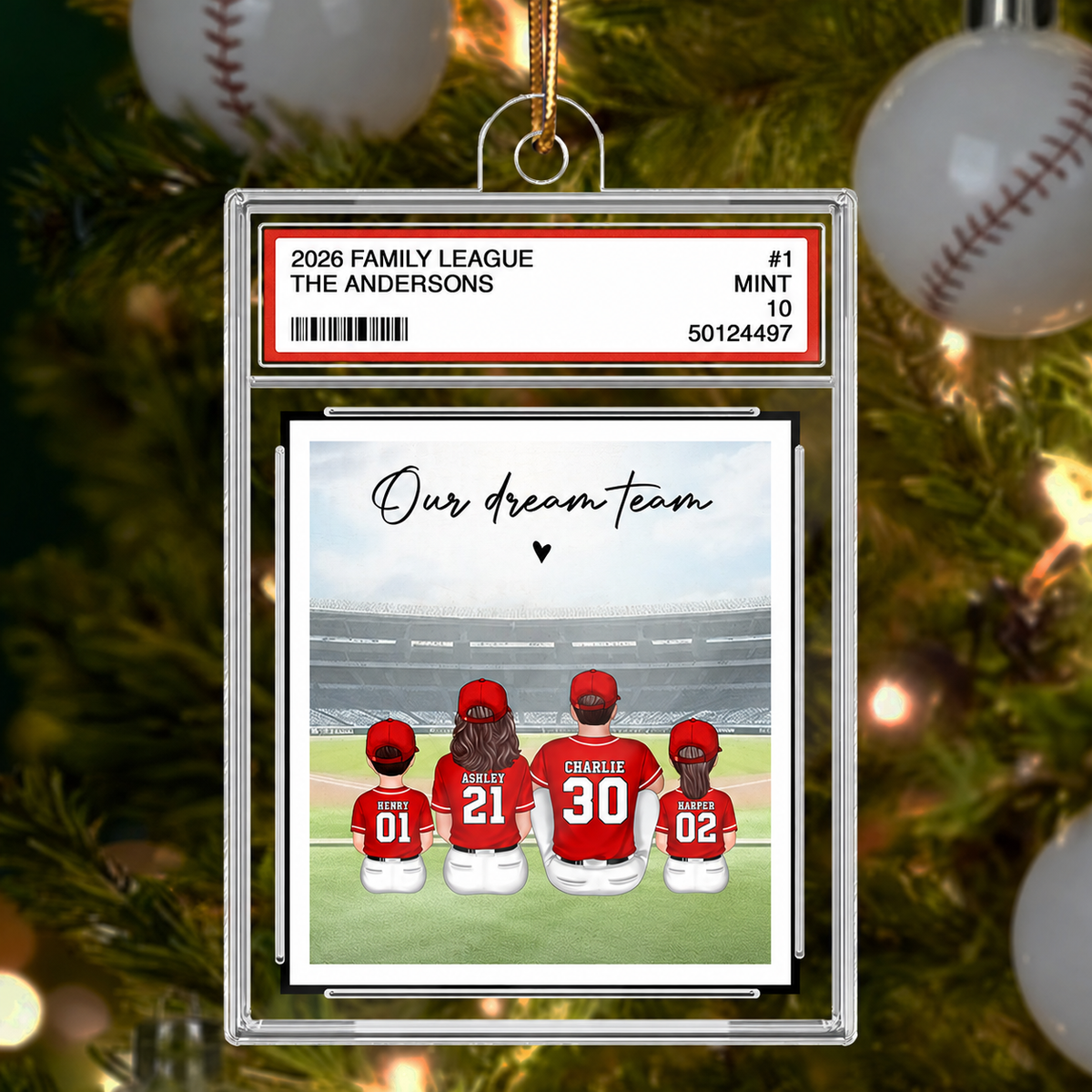 Baseball Family Sitting Couple & Kids Trading Card Style - Personalized Acrylic Ornament - Christmas Decor For Baseball Lovers