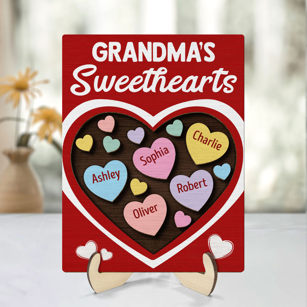 Grandma‘s Sweethearts Red Themed Valentine’s Day Gift For Grandma Personalized 2-Layer Wooden Plaque