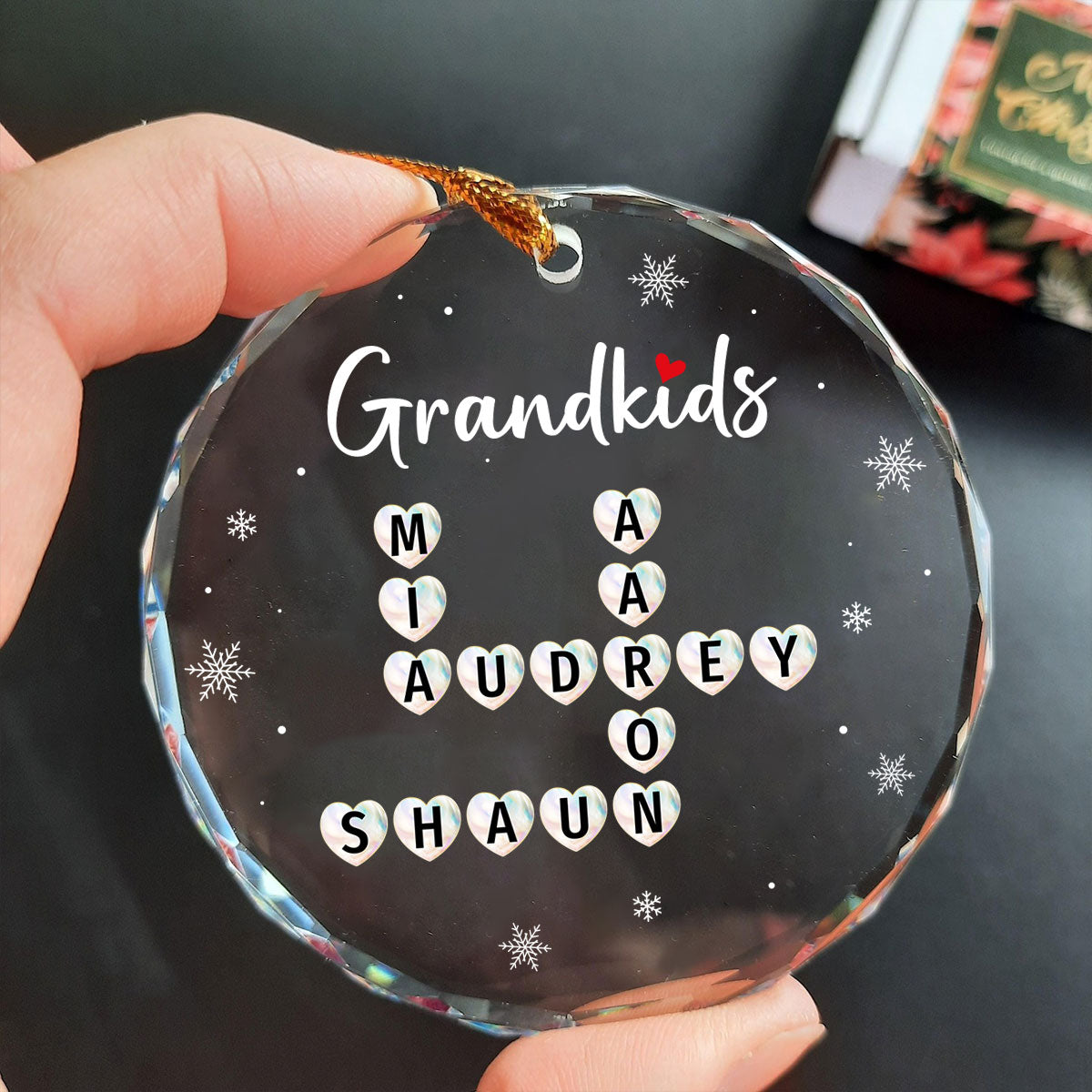 Grandkids Heart Crossword Art Puzzle Personalized Glass Ornament, Gift For Grandma Grandparents