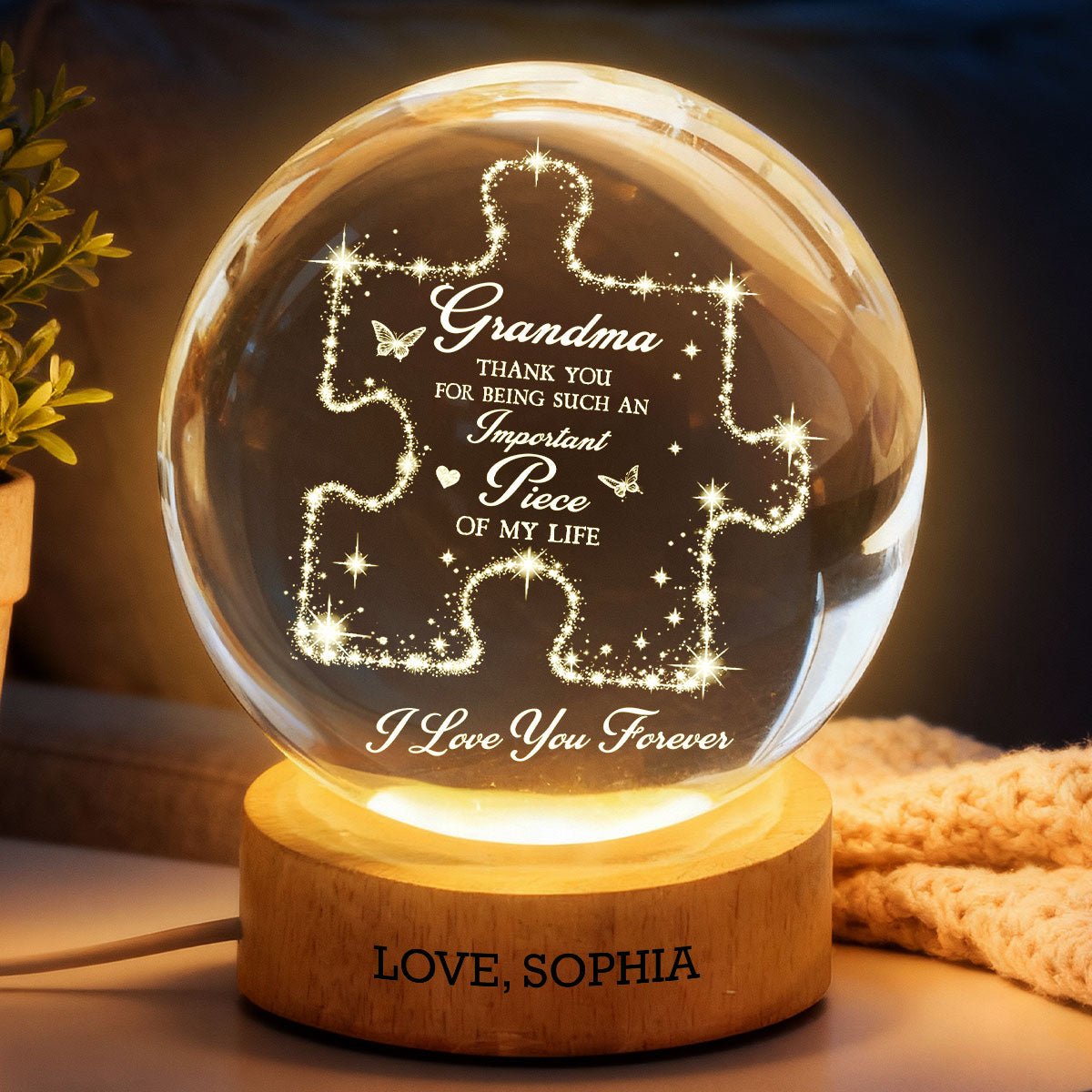 Grandma Thank You Important Piece - Personalized Crystal Ball LED Night Light - Mother's Day Gift For Grandma
