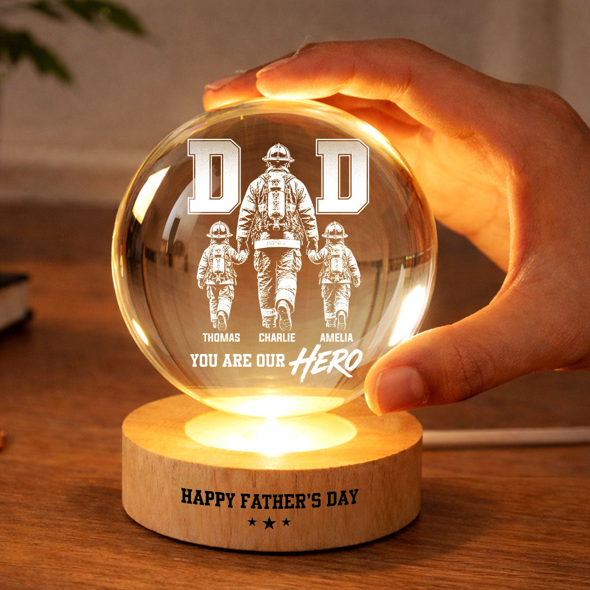 Proud Firefighter Dad You Are Our Hero - Personalized Crystal Ball LED Night Light - Father's Day Gift For Dad, Husband