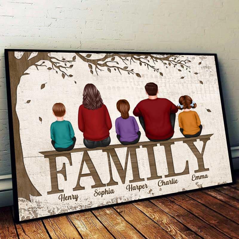 Family Dad Mom Kids Dogs Cats Sitting Under Tree Personalized Horizontal Poster