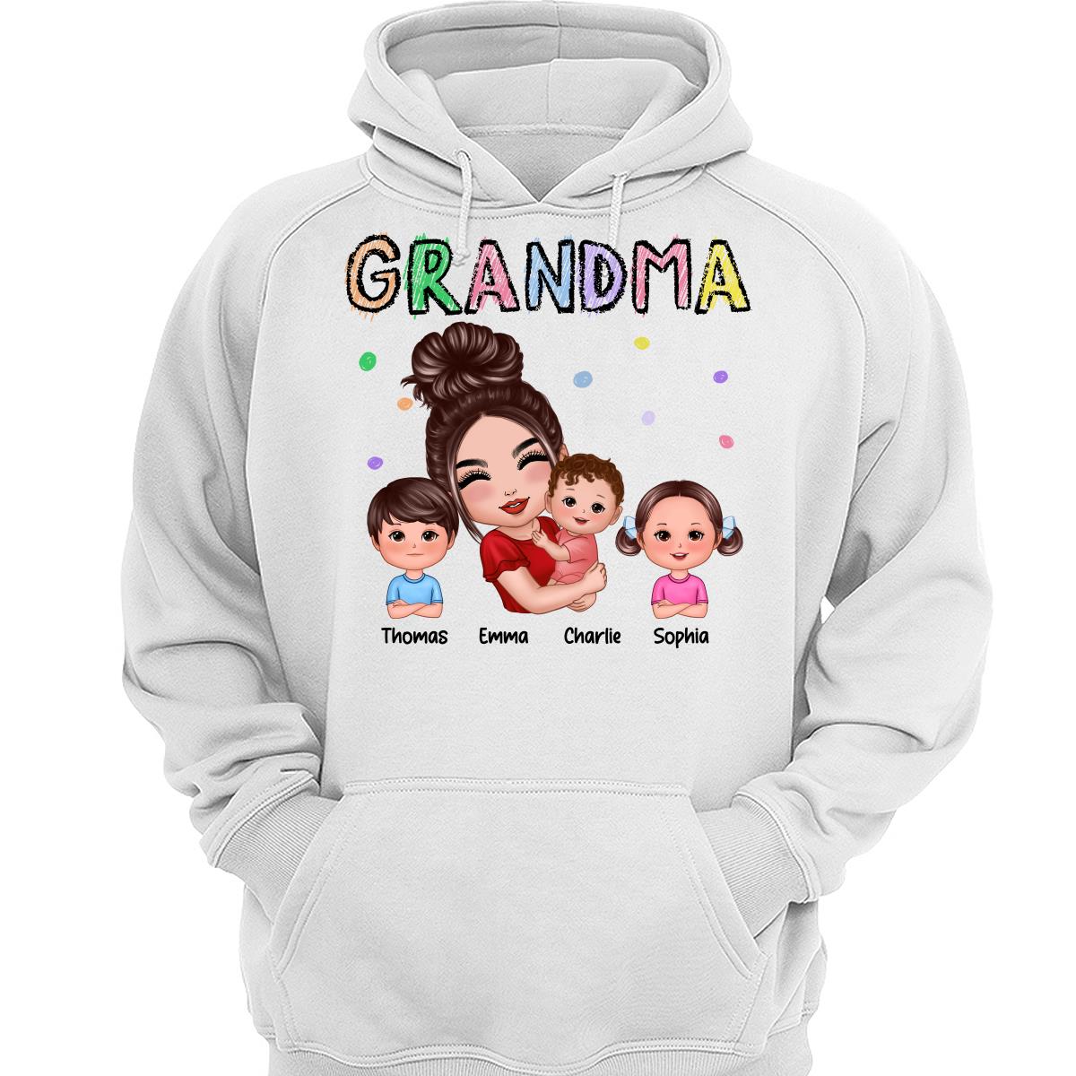 Crayon Text Doll Grandma Hugging Kids Personalized Shirt