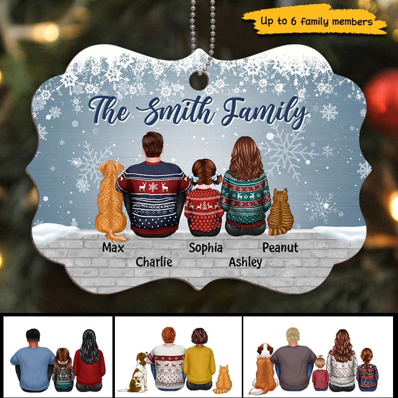 Family Dad Mom Kids Dogs Cats Snow Background Personalized Wooden Ornament