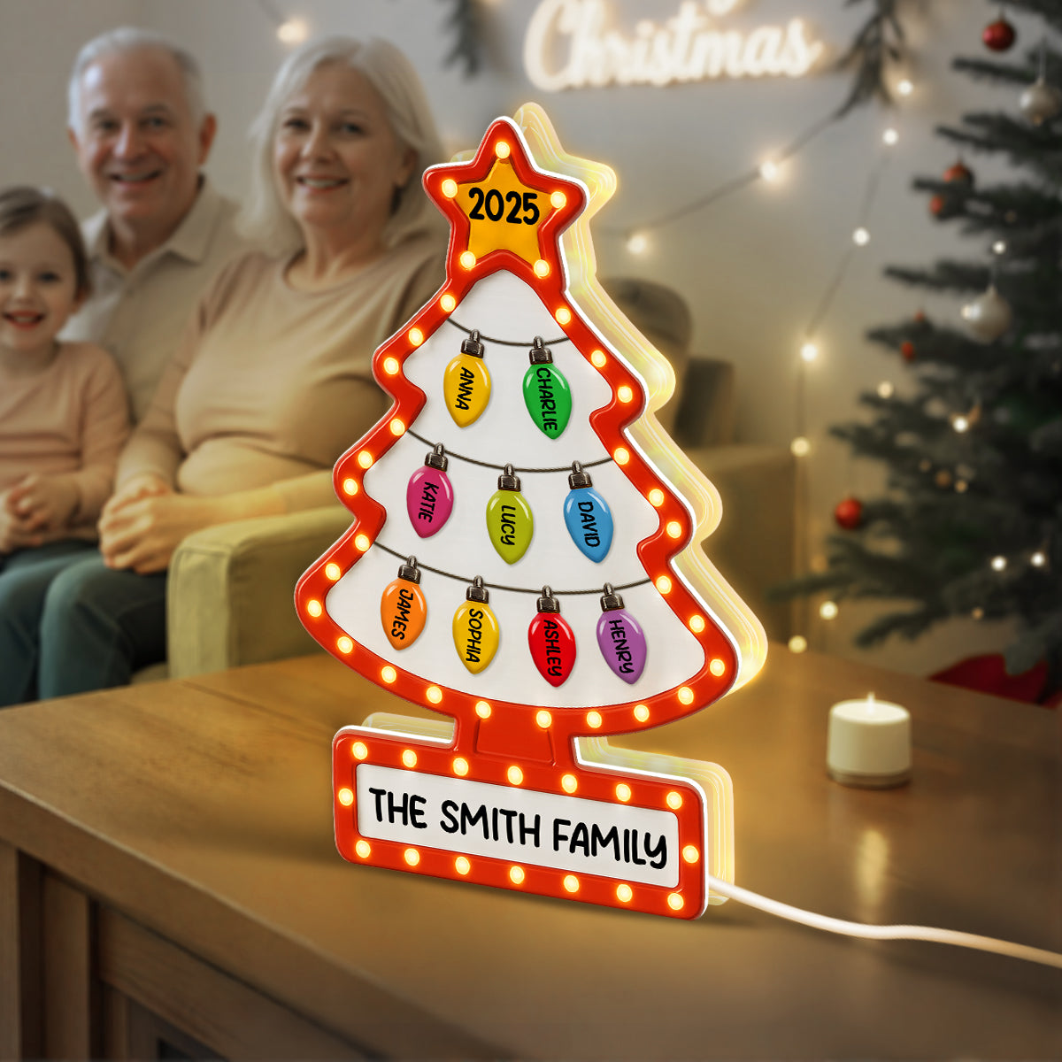3D Effect Christmas Tree Lights Marquee Texture Family Members Names Personalized LED Light Box