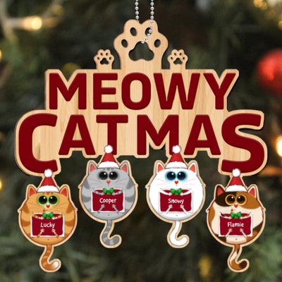 Meowy Catmas Round Fluffy Cat Personalized Christmas Wooden Ornament
