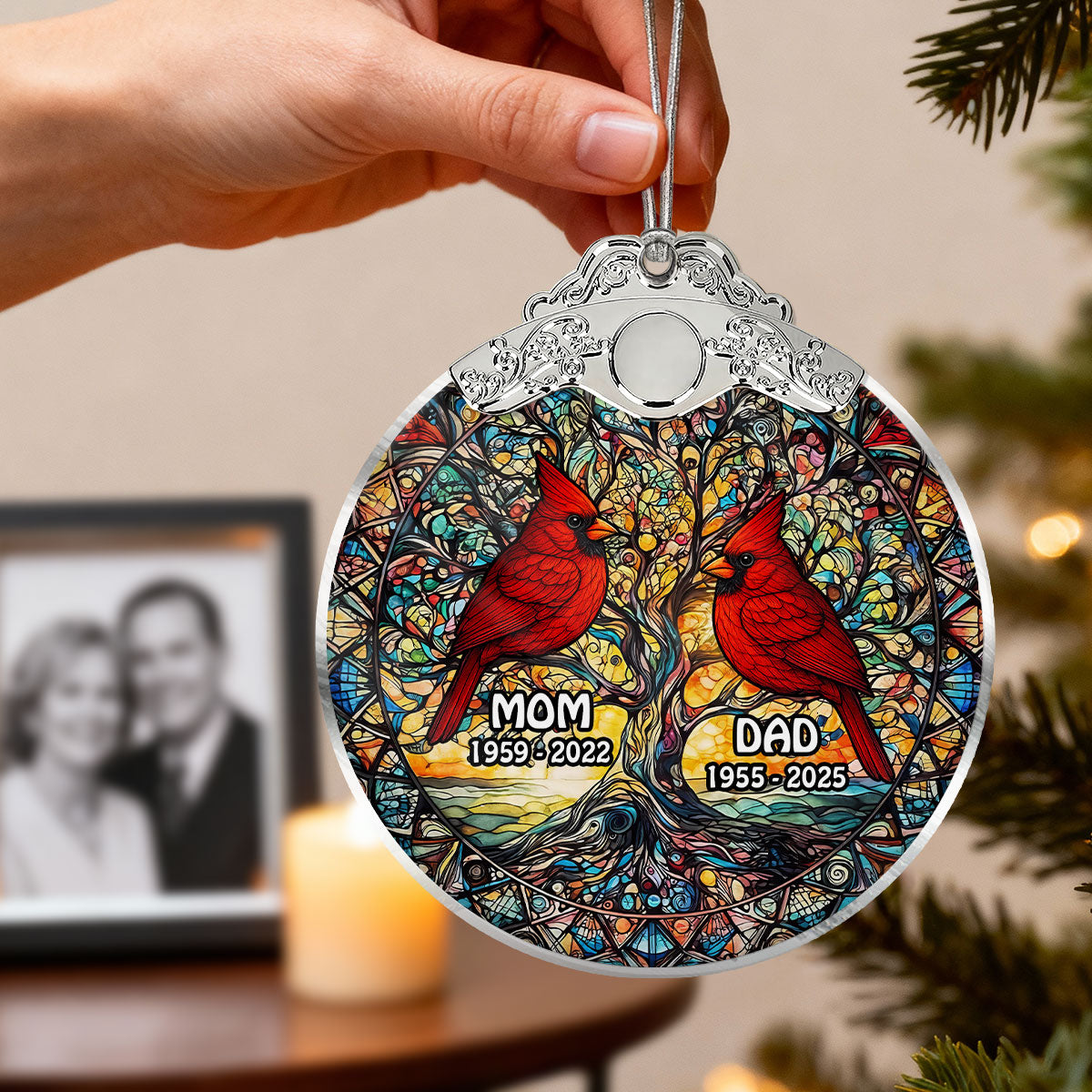 Tree Of Life Cardinal Mom Dad Stained Glass Effect - Personalized Glass Ornament With Silver Cap - Christmas Memorial Keepsake For Family