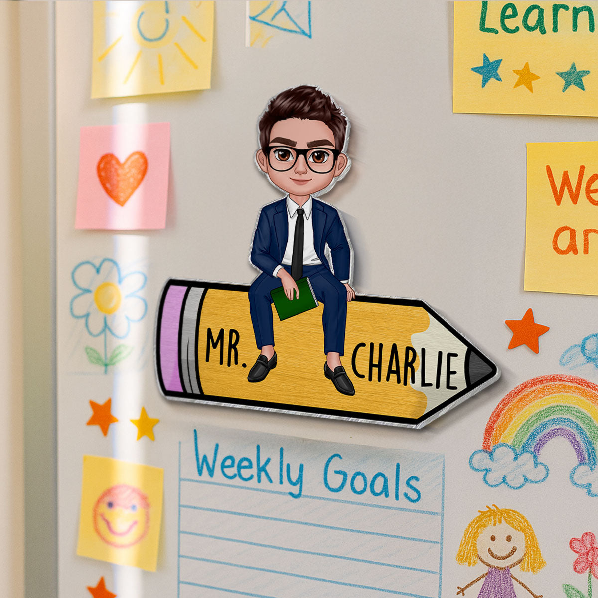 Teacher Sitting On Pencil Personalized Whiteboard Magnet, Classroom Decor