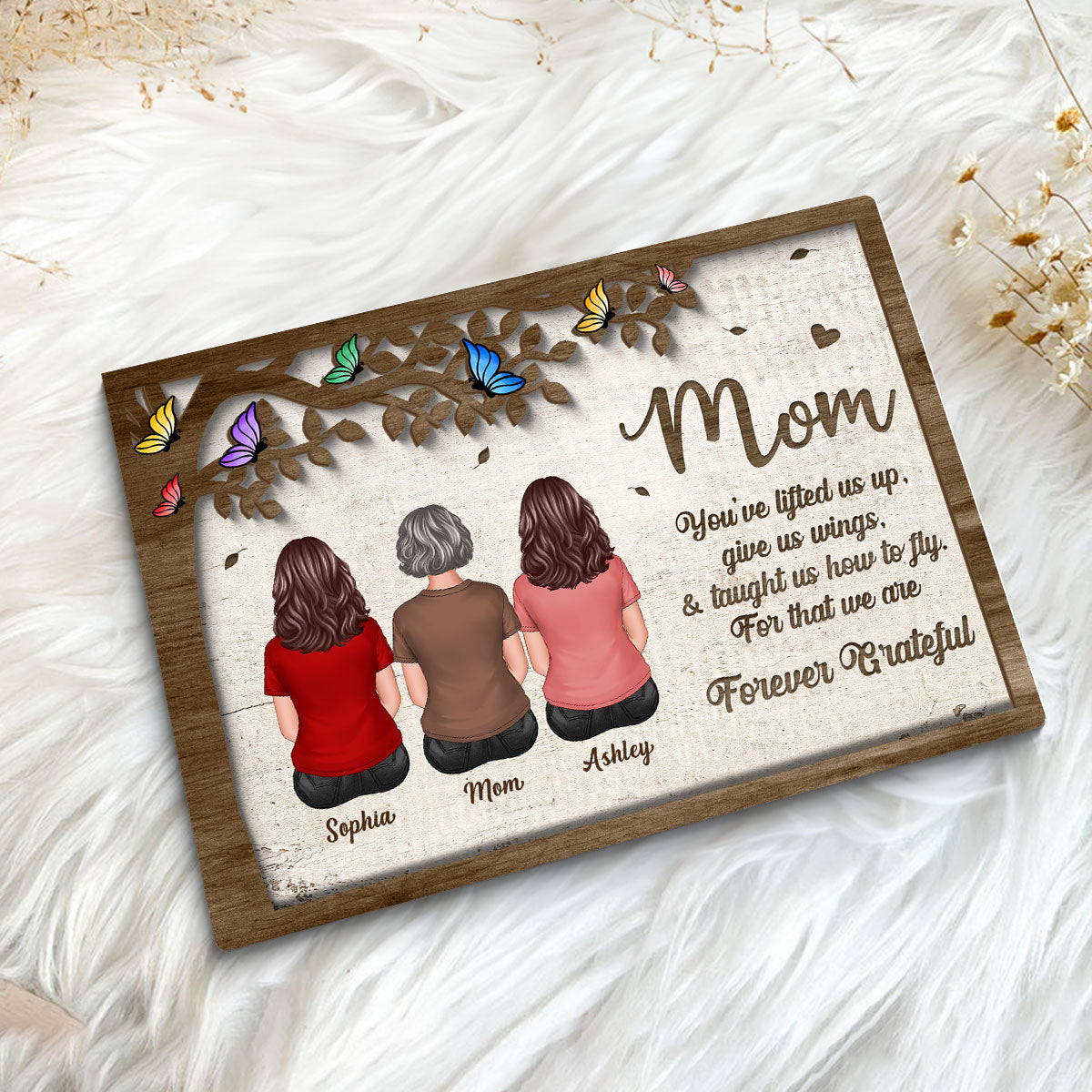 Mom And Daughters Sons Sitting Under Tree Butterflies Mother‘s Day Gift Personalized 2-Layer Wooden Plaque