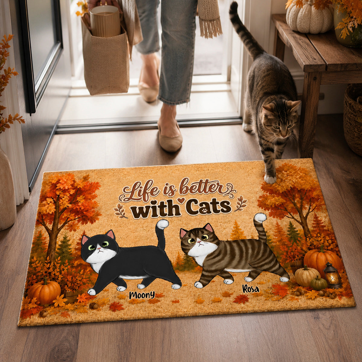 Walking Cat Fall Season - Personalized Doormat - Fall Season Decor Gift, Gift For Cat Lovers