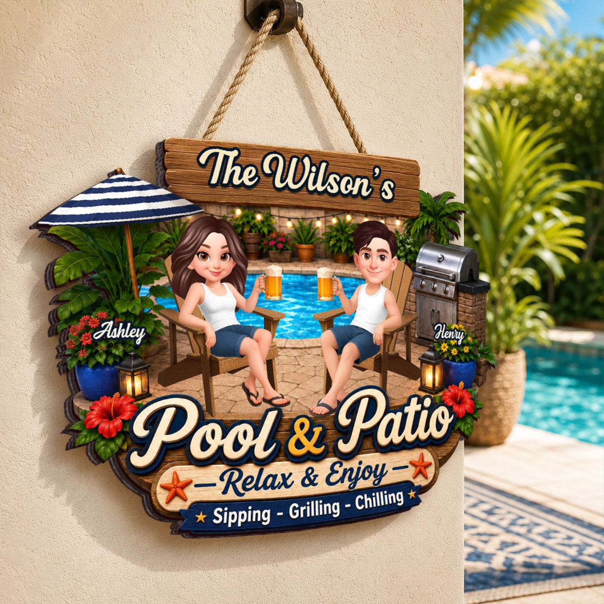 Welcome To Our Pool & Patio - Personalized Wood Sign - Gift For Couple, Summer Outdoor Patio Pool Decoration