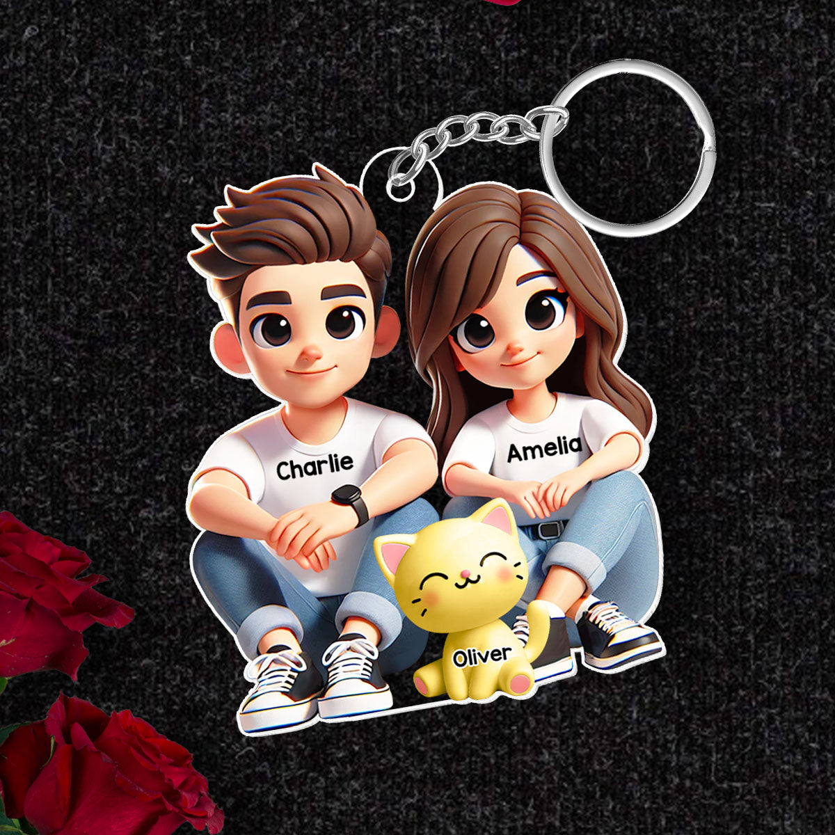 3D Effect Cute Couple And Dogs Cats Sitting Personalized Acrylic Keychain, Anniversary Gift,  gift