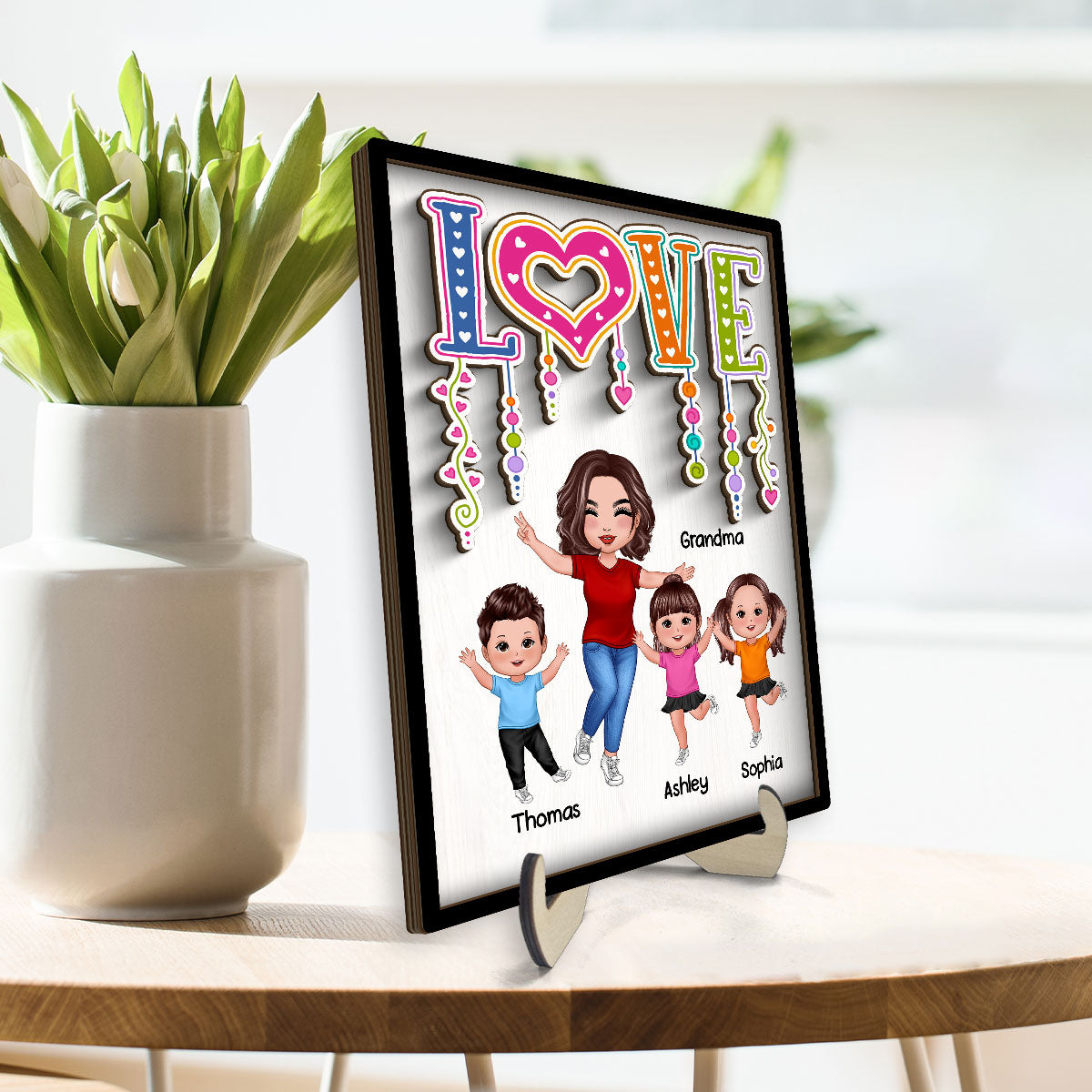 LOVE Happy Doll Grandma Mom With Kids Personalized 2-Layer Wooden Plaque