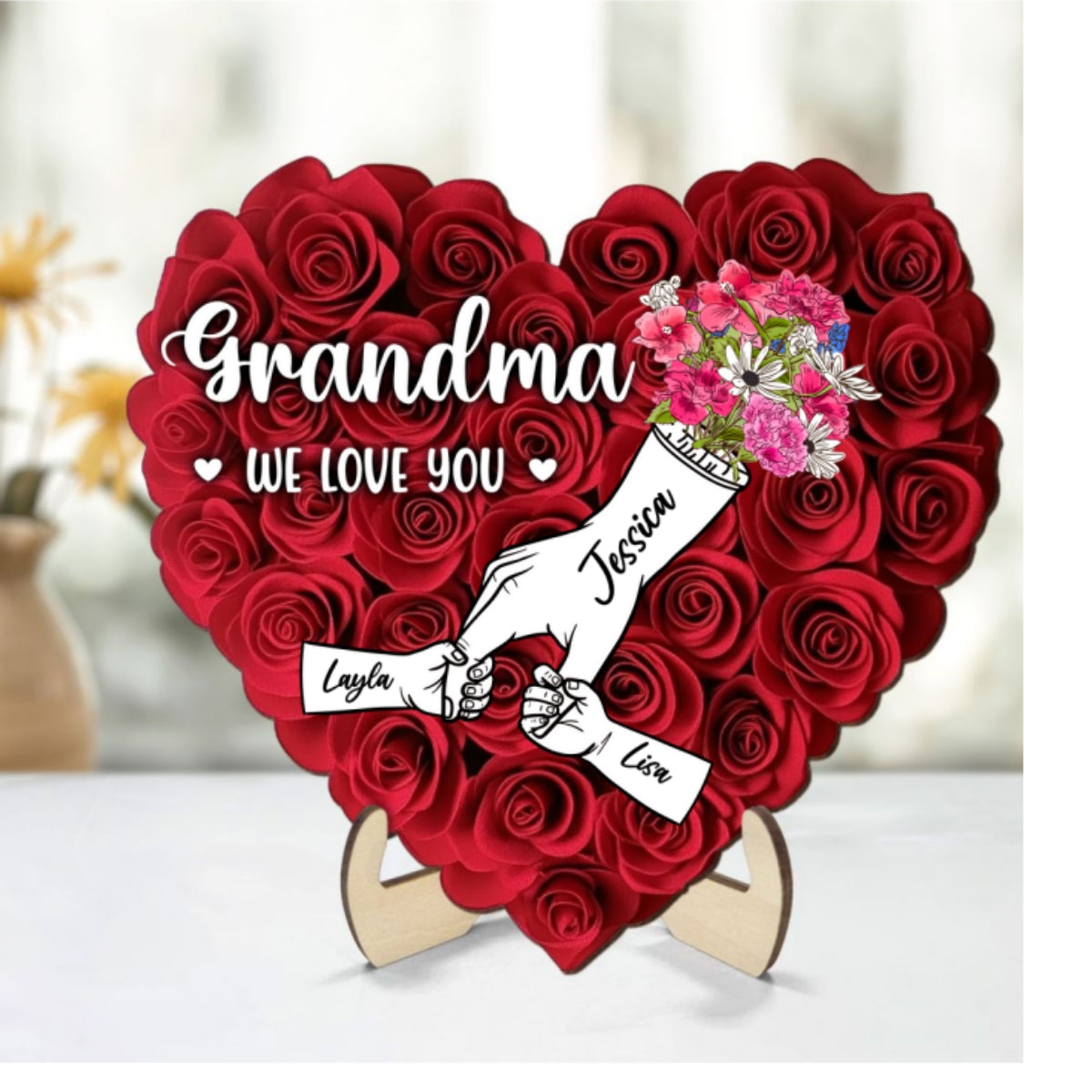 Heart Shaped 2D Roses Printed, Mother Holding Children Hands Personalized 2-Layered Wooden Plaque, Gift for Mom