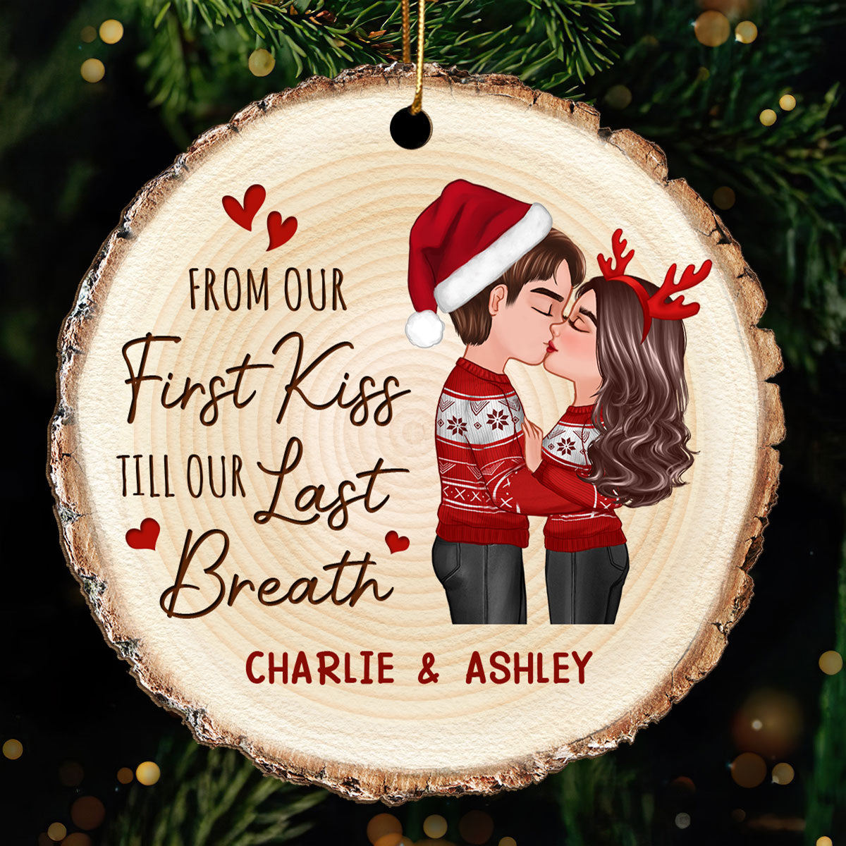 Doll Couple Kising Wood Slice Printed Personalized Wooden Ornament