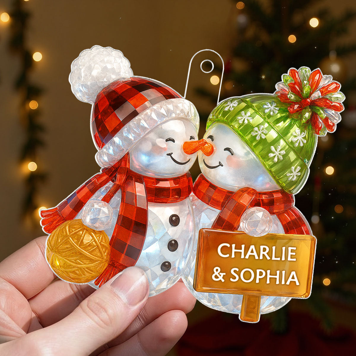 Kissing Snowman Couple 3D Crystal Effect - Personalized Acrylic Ornament