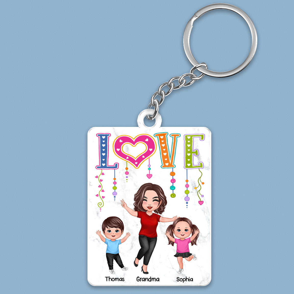 LOVE Happy Doll Grandma Mom With Kids Personalized Acrylic Keychain