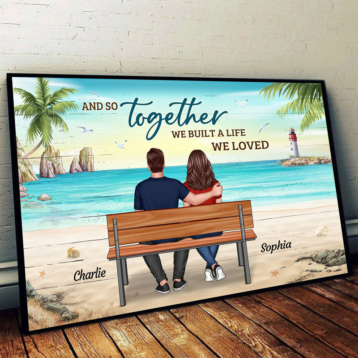 Back View Couple Sitting On Bench At Beach Personalized Horizontal Poster