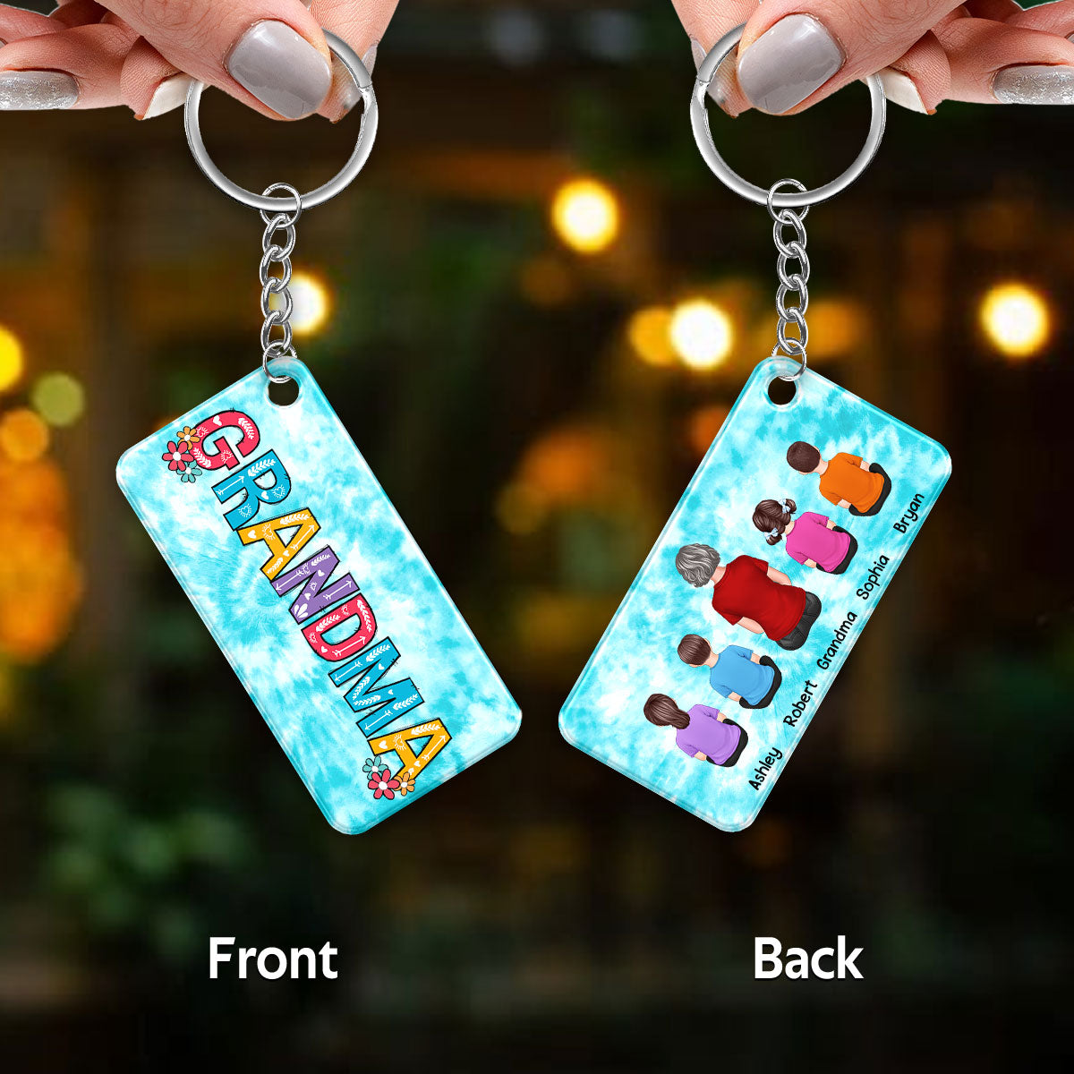 Tie Dye Back View Grandma Mom With Kids Dogs Cats Personalized Acrylic Keychain