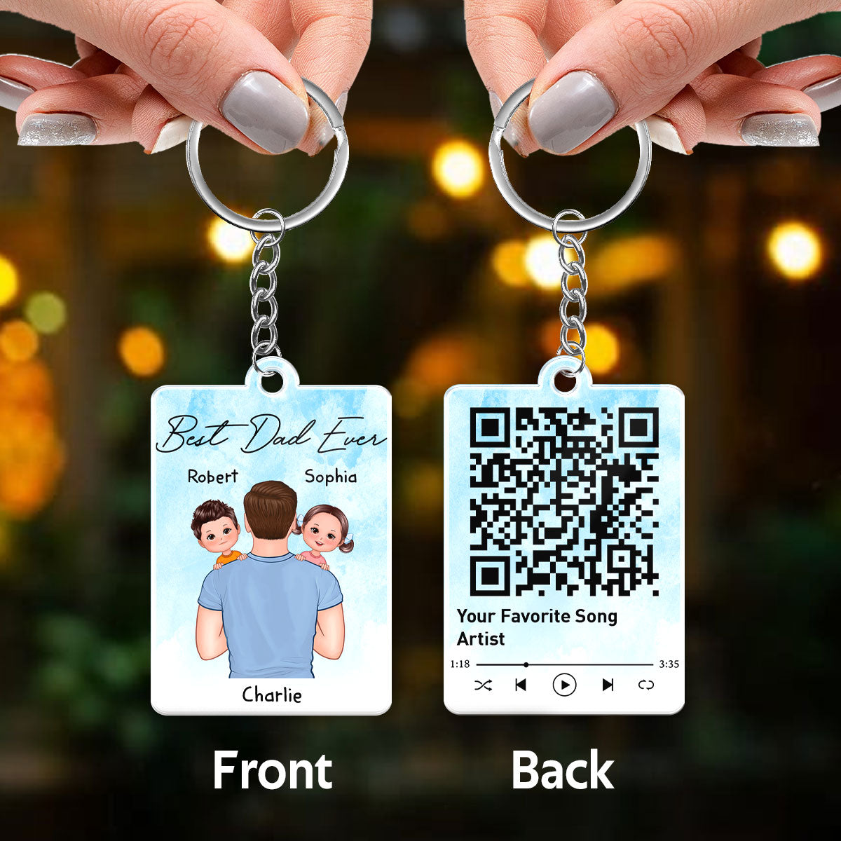 Dad Carrying Kids On Shoulder Favorite Song Scannable QR Code Gift For Dad Personalized Acrylic Keychain