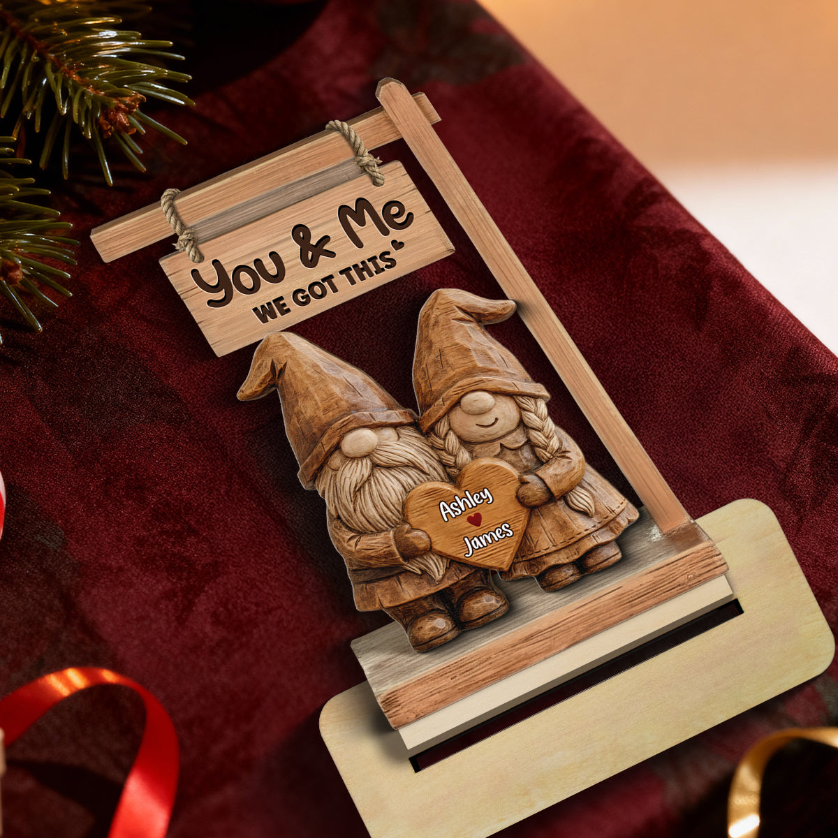 3D Effect Gnome Couple Standing - Personalized 2-Layered Wooden Plaque - Perfect Valentine's Day Gift For Him, Gift For Her