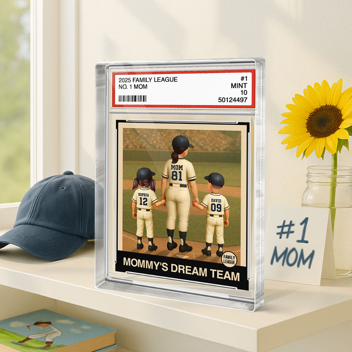 Baseball Mom Woman & Kids Trading Card Style Personalized Acrylic Block Plaque