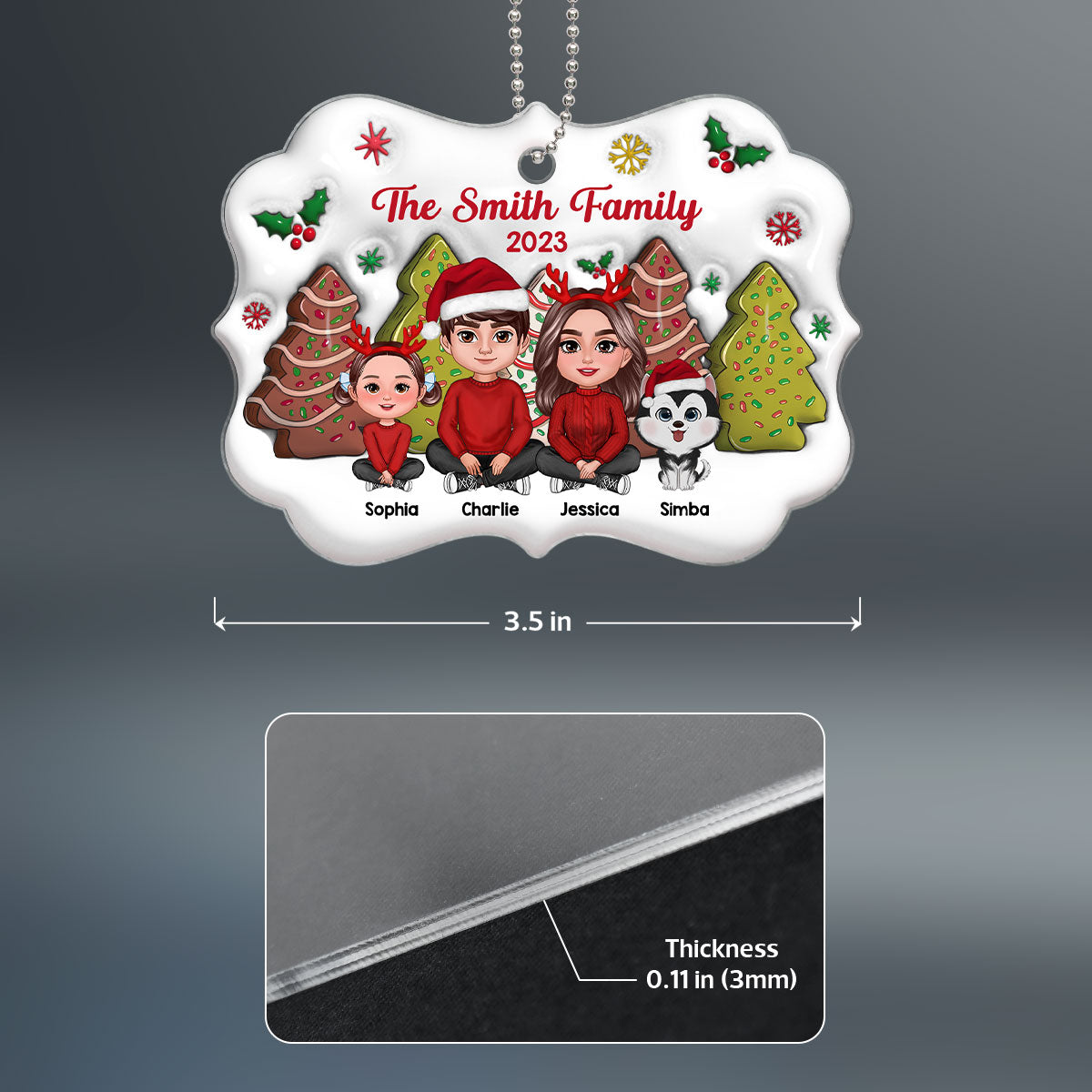 3D Christmas Tree Cakes Inflated Family Sitting Crossed Legs Personalized Acrylic Ornament