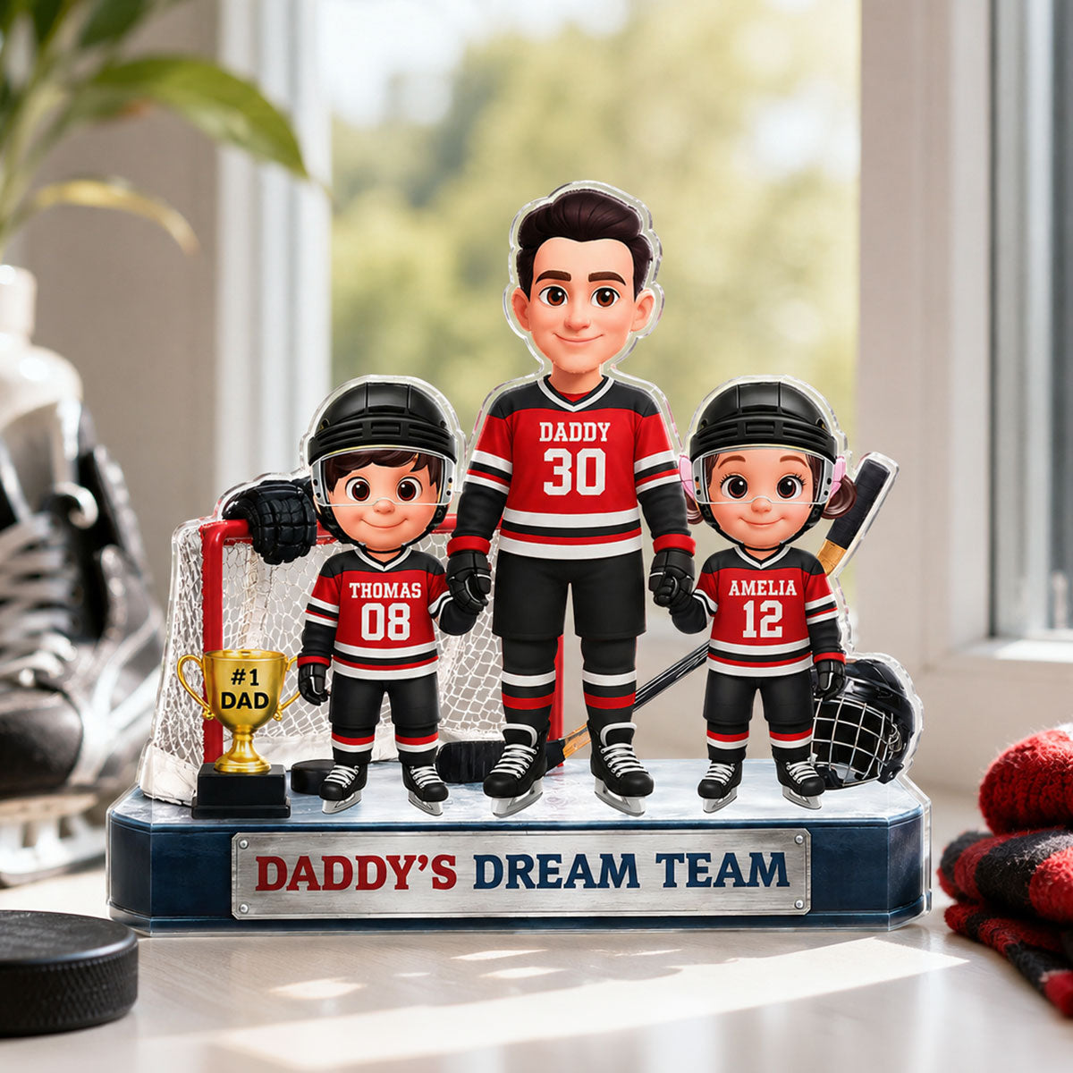 Daddy's Dream Team Hockey Dad & Kids - Personalized Acrylic Block Plaque - Father's Day Gift For Dad, Husband