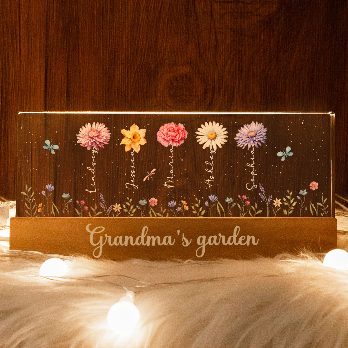Grandma's Enchanted Garden Birth Month Flowers Personalized Acrylic Block LED Night Light, Gift