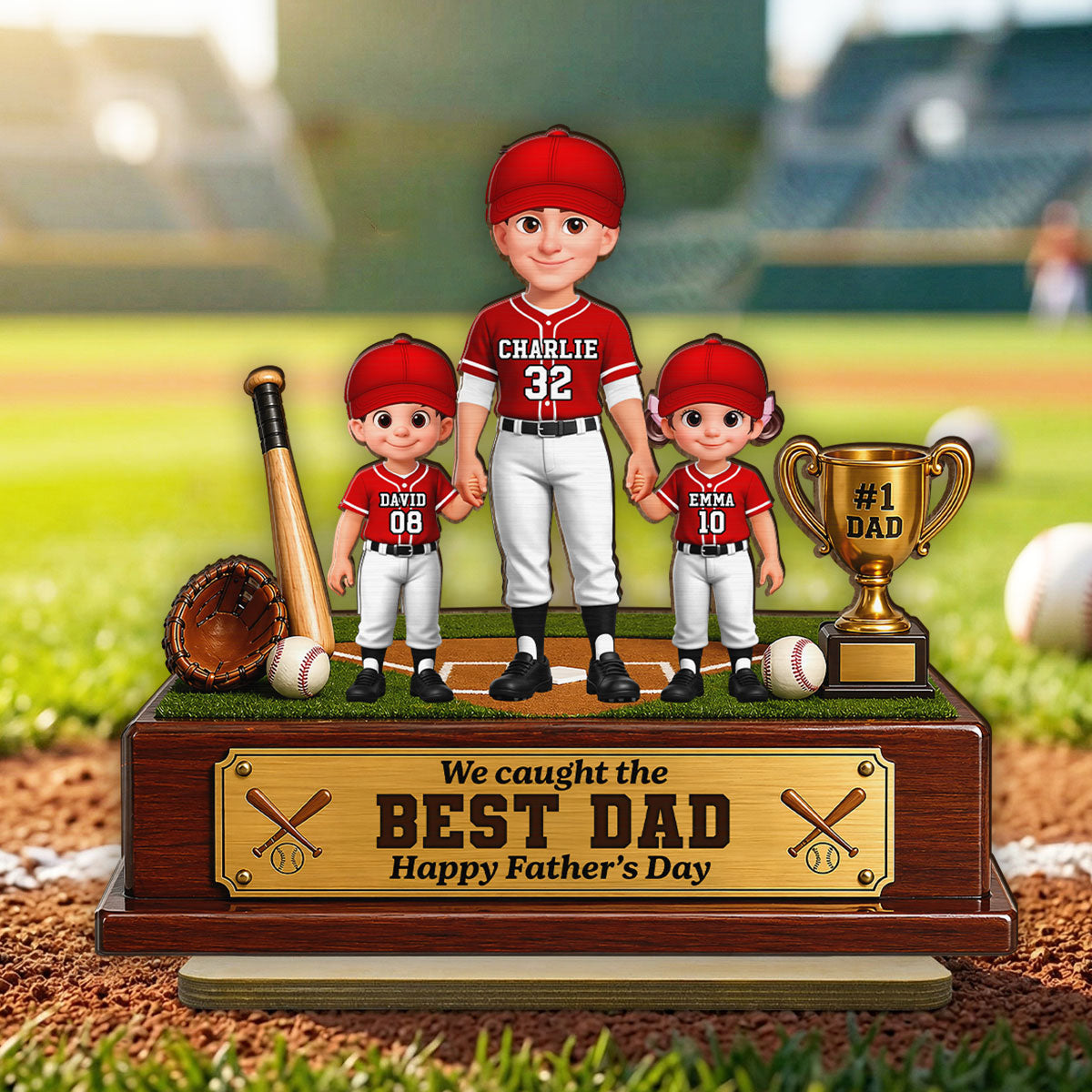 Baseball We Caught The Best Dad - Personalized 2-Layered Wooden Plaque - Father's Day Gift For Dad