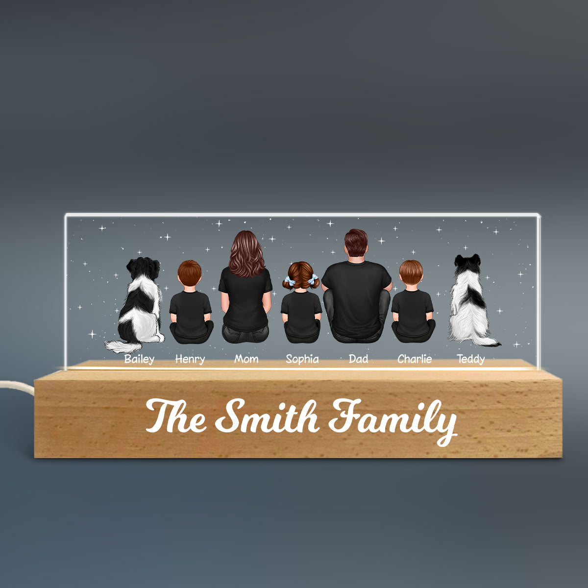 The Whole Family Dad Mom Kids Dogs Cats Personalized Acrylic Block LED Night Light