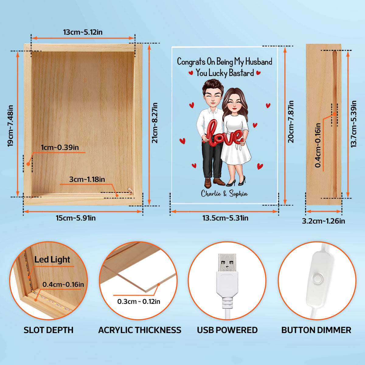 Couple Standing LOVE Balloon Personalized Frame Light Box
