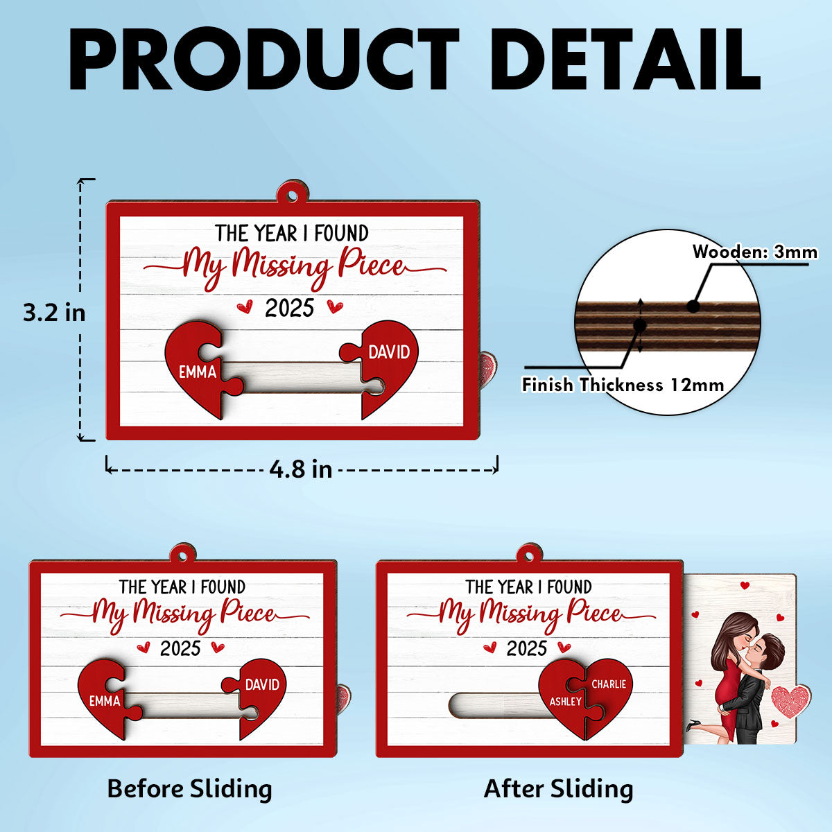 You Are My Missing Piece Couple Hugging Kissing Personalized Slider Ornament, Christmas gift for Him for Her