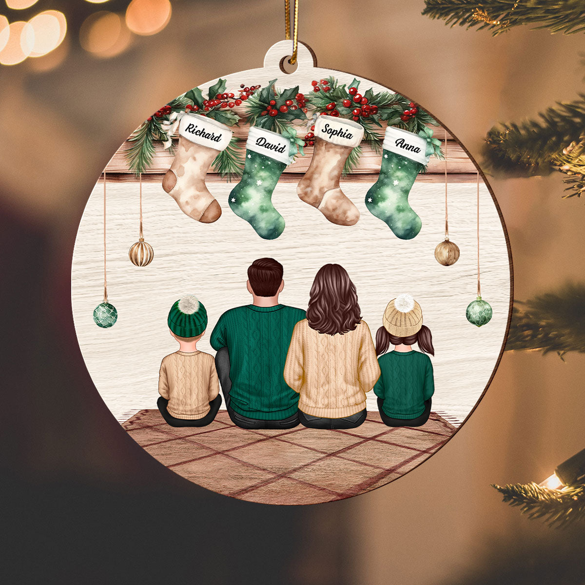 Vintage Christmas Stockings Family Sitting Personalized Wooden Ornament, Christmas Gift For Family