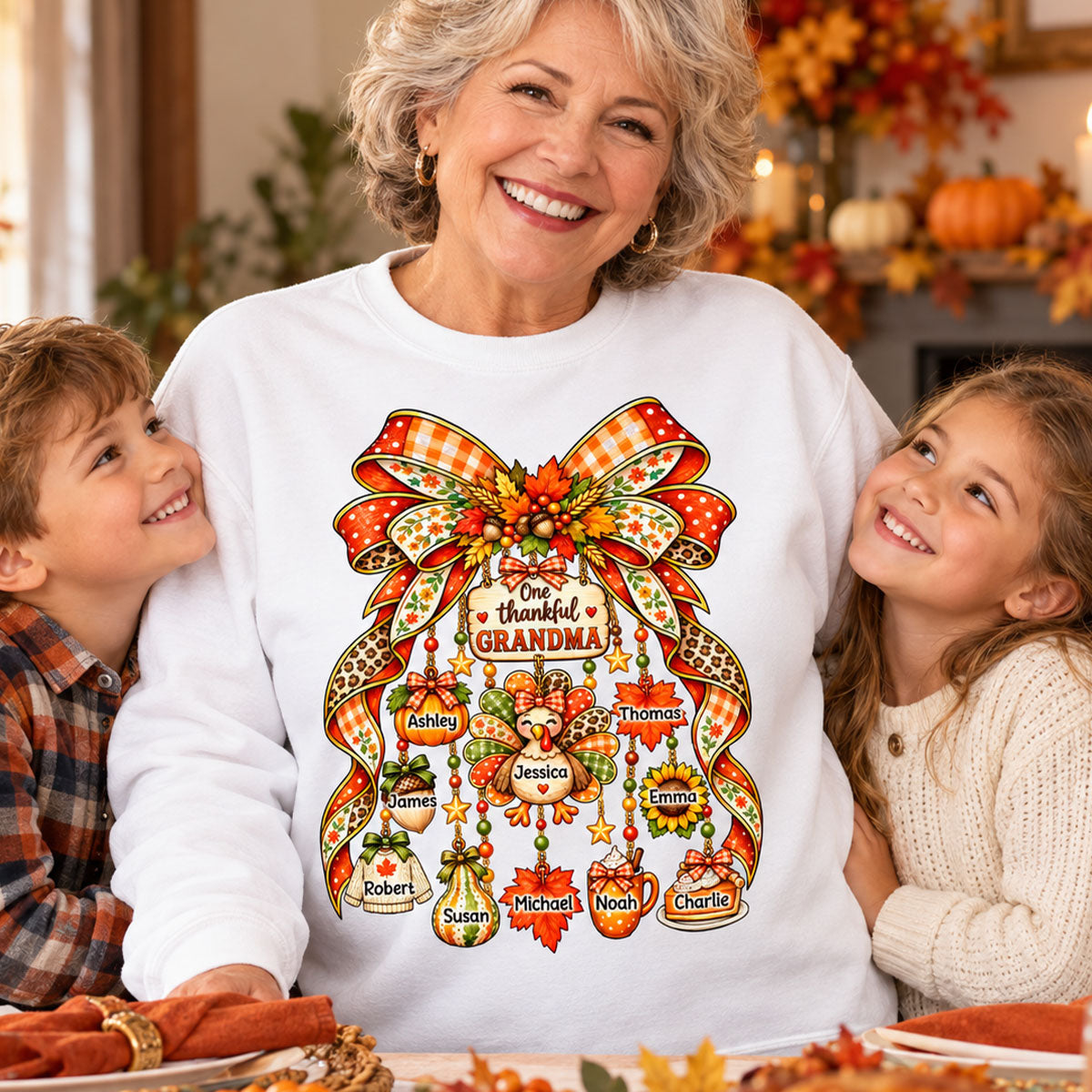 One Thankful Grandma Fall Thanksgiving Charm Bow - Personalized Shirt - Gift for Grandma