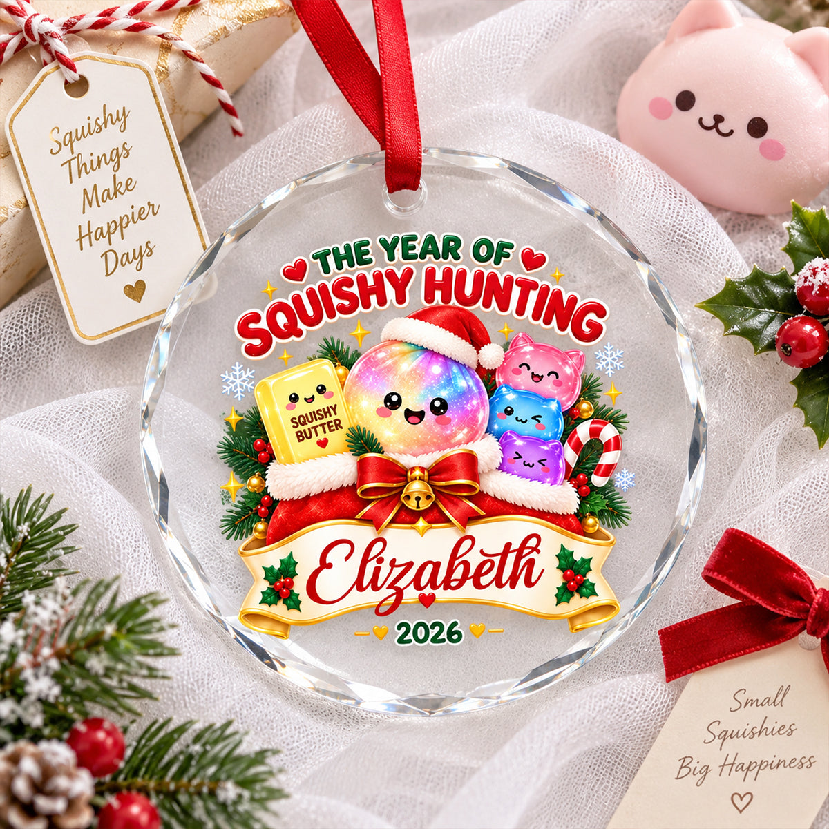 The Year of Squishy Hunting - Personalized Glass Ornament - Christmas Kawaii Gift for Kids