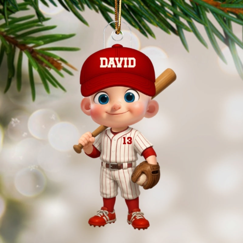 3D Effect Little Kid Baseball Christmas - Personalized Acrylic Ornament - Gift For Kids, Grandkids