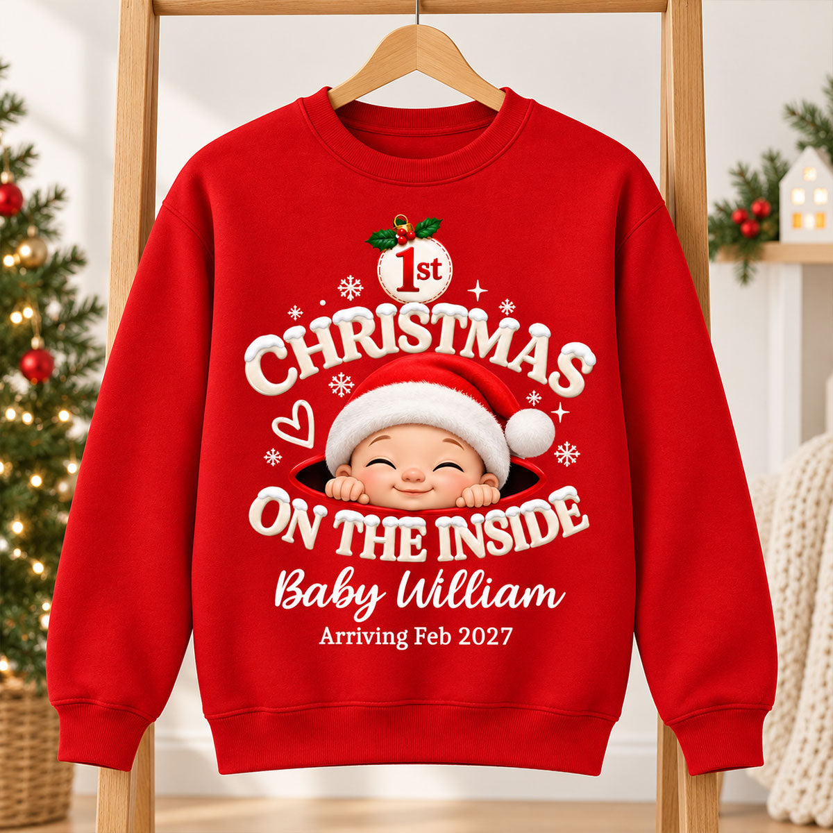 1st Christmas On The Inside Baby - Personalized Shirt - Christmas Pregnancy Announcement Gift For Mom To Be, Expecting Mom